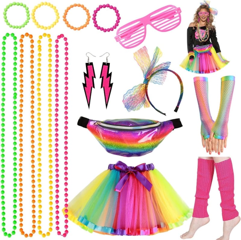 Set costum Prom anii 1980 cu colier, bentita pentru păr, mănuși, brățară pentru genunchi și ochelari — Partyrebel, pentru adulți, Primăvara 2024