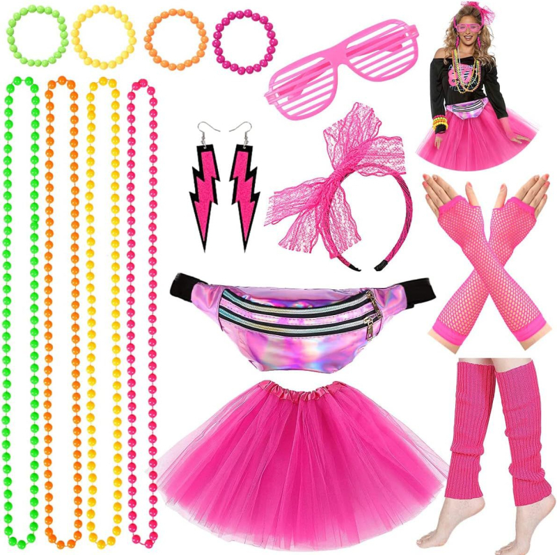 Set costum Prom anii 1980 cu colier, bentita pentru păr, mănuși, brățară pentru genunchi și ochelari — Partyrebel, pentru adulți, Primăvara 2024