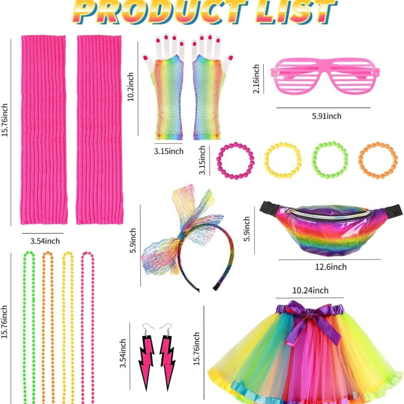 Set costum Prom anii 1980 cu colier, bentita pentru păr, mănuși, brățară pentru genunchi și ochelari — Partyrebel, pentru adulți, Primăvara 2024