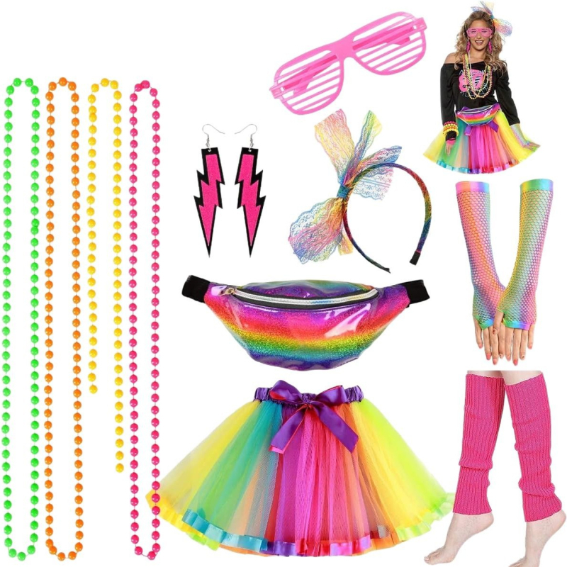 Set costum Prom anii 1980 cu colier, bentita pentru păr, mănuși, brățară pentru genunchi și ochelari — Partyrebel, pentru adulți, Primăvara 2024