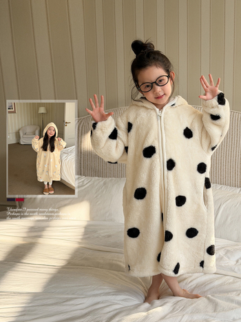 Halat de baie pentru copii cu glugă, imprimeu Cartoon cu buline, fleece coral, 100% poliester, cald pentru iarnă, pentru copii 3-8 ani