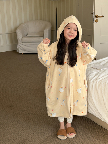 Halat de baie pentru copii cu glugă, imprimeu Cartoon cu buline, fleece coral, 100% poliester, cald pentru iarnă, pentru copii 3-8 ani