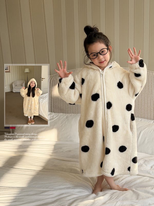 Halat de baie pentru copii cu glugă, imprimeu Cartoon cu buline, fleece coral, 100% poliester, cald pentru iarnă, pentru copii 3-8 ani