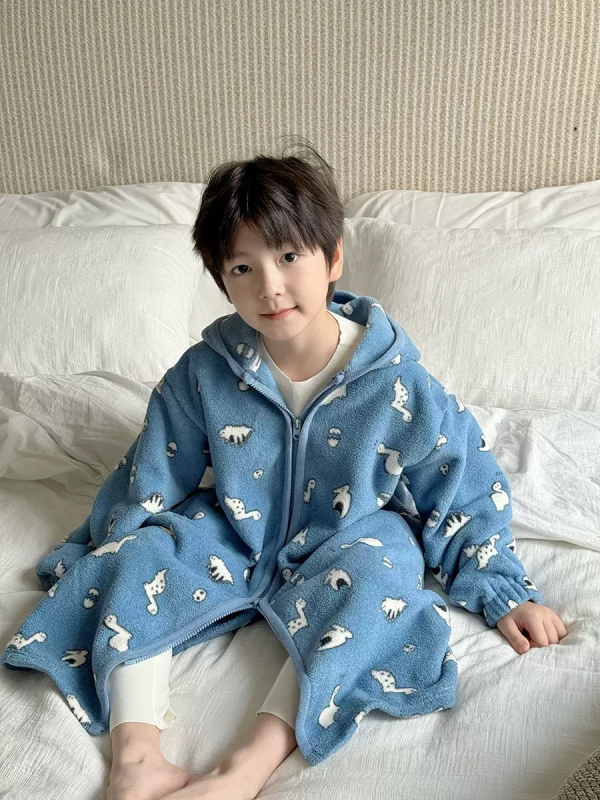 Halat de baie pentru copii cu glugă, imprimeu Cartoon cu buline, fleece coral, 100% poliester, cald pentru iarnă, pentru copii 3-8 ani