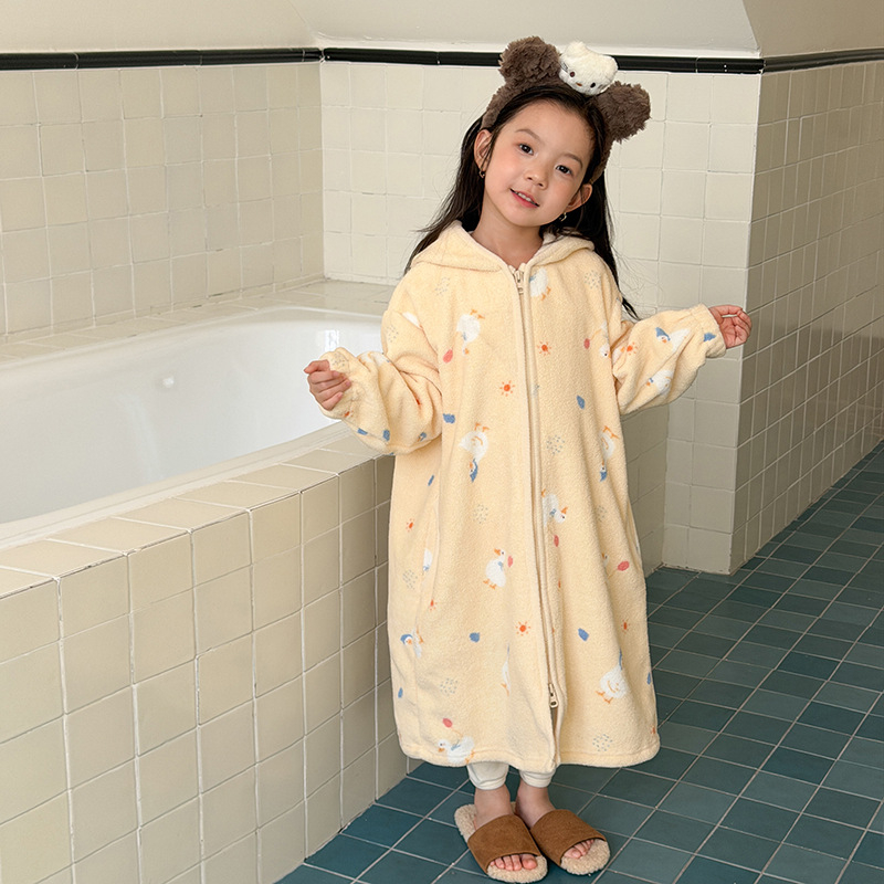 Halat de baie pentru copii cu glugă, imprimeu Cartoon cu buline, fleece coral, 100% poliester, cald pentru iarnă, pentru copii 3-8 ani