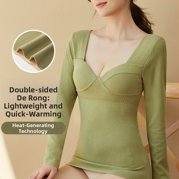 Top termic fără cusături pentru femei, căptușit cu fleece, dublu strat, mâneci lungi, guler în formă de U