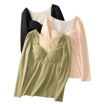 Top termic fără cusături pentru femei, căptușit cu fleece, dublu strat, mâneci lungi, guler în formă de U