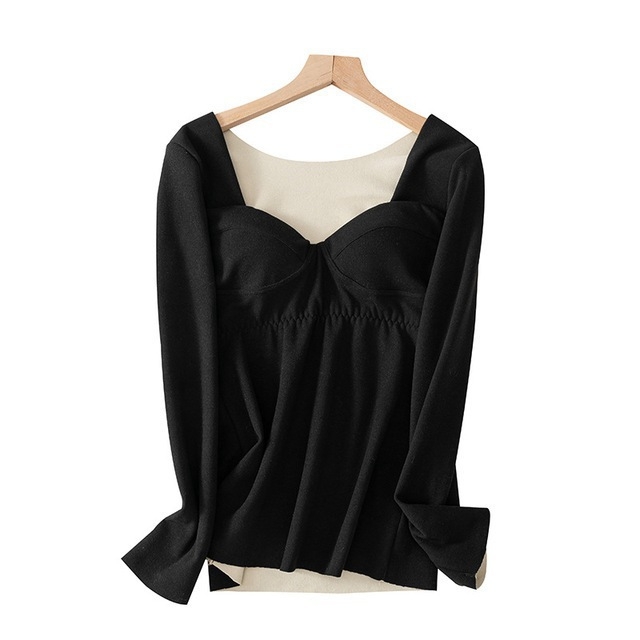 Top termic fără cusături pentru femei, căptușit cu fleece, dublu strat, mâneci lungi, guler în formă de U