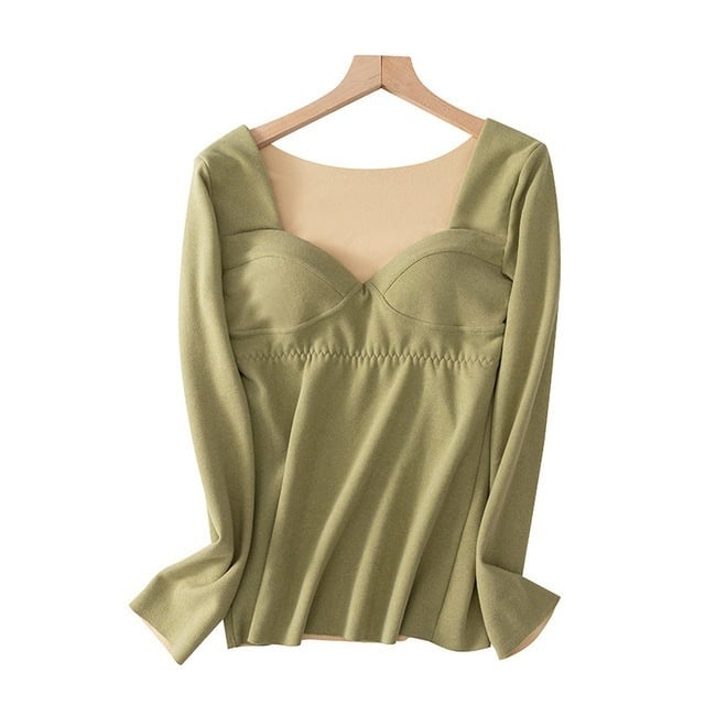 Top termic fără cusături pentru femei, căptușit cu fleece, dublu strat, mâneci lungi, guler în formă de U