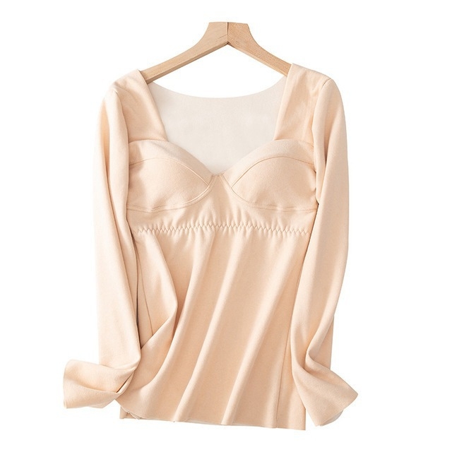 Top termic fără cusături pentru femei, căptușit cu fleece, dublu strat, mâneci lungi, guler în formă de U