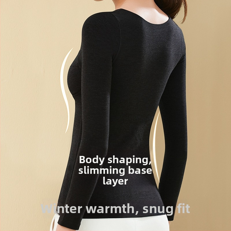 Top termic fără cusături pentru femei, căptușit cu fleece, dublu strat, mâneci lungi, guler în formă de U