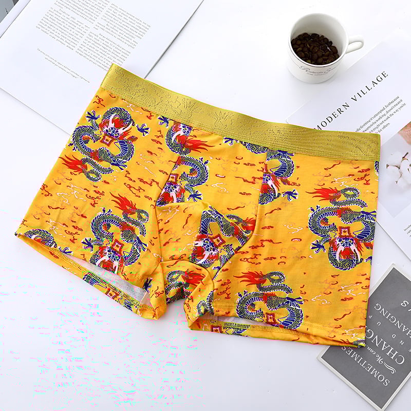 Boxeri bărbați cu model dragon, bumbac 95–100%, talie medie, căptușeală din viscoză