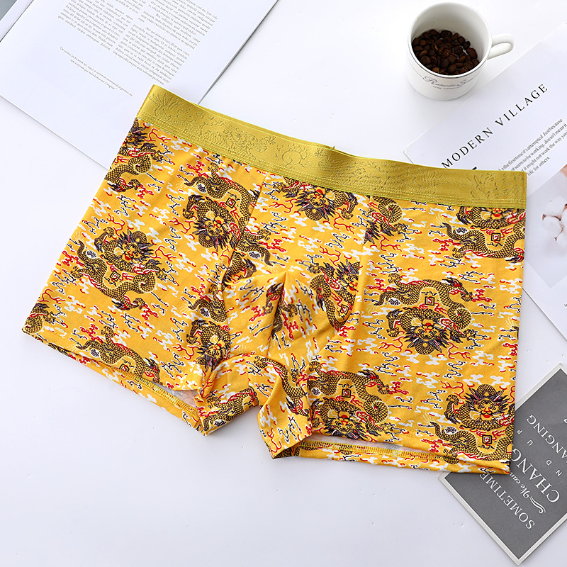 Boxeri bărbați cu model dragon, bumbac 95–100%, talie medie, căptușeală din viscoză