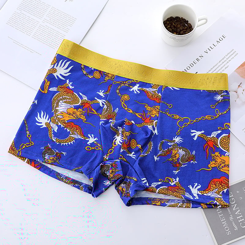 Boxeri bărbați cu model dragon, bumbac 95–100%, talie medie, căptușeală din viscoză