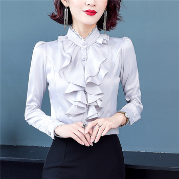 Šifoonist särk, polüester 91–99%, pikkade varrukad, seisev kaelus, ühtlase värvi muster