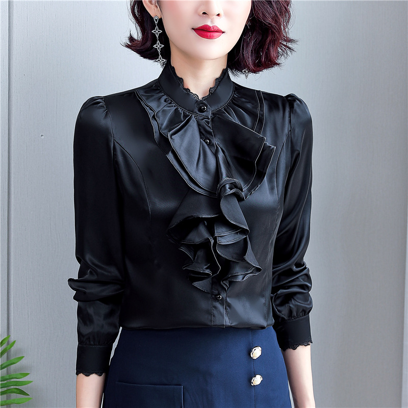 Šifoonist särk, polüester 91–99%, pikkade varrukad, seisev kaelus, ühtlase värvi muster