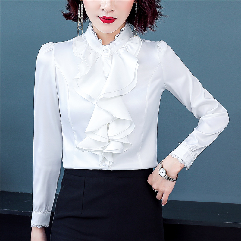 Šifoonist särk, polüester 91–99%, pikkade varrukad, seisev kaelus, ühtlase värvi muster