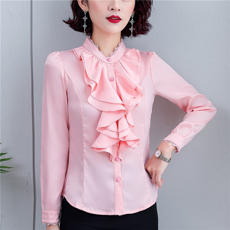 Šifoonist särk, polüester 91–99%, pikkade varrukad, seisev kaelus, ühtlase värvi muster