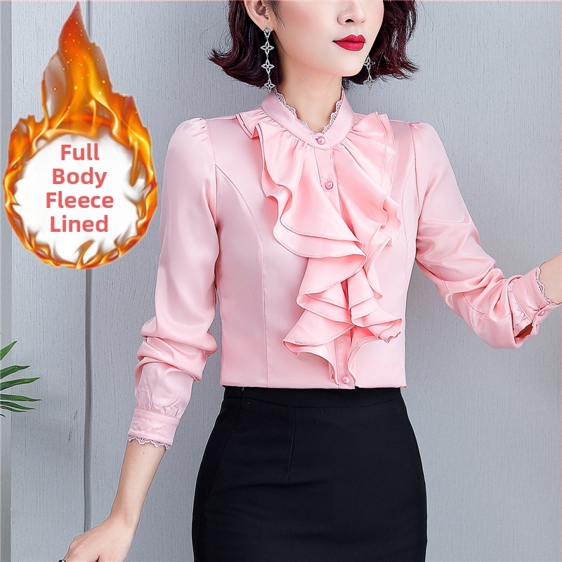 Šifoonist särk, polüester 91–99%, pikkade varrukad, seisev kaelus, ühtlase värvi muster