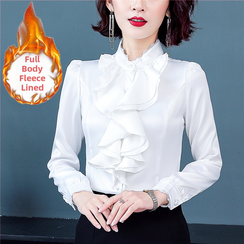 Šifoonist särk, polüester 91–99%, pikkade varrukad, seisev kaelus, ühtlase värvi muster