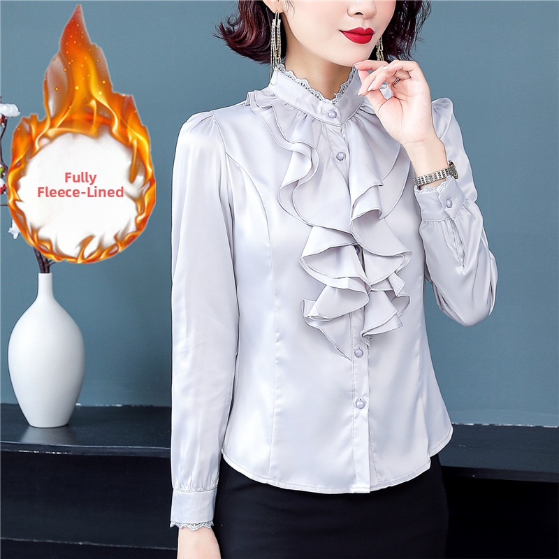 Šifoonist särk, polüester 91–99%, pikkade varrukad, seisev kaelus, ühtlase värvi muster