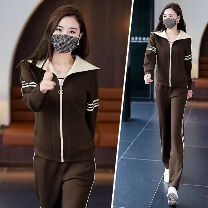 Ženski dvodjelni sportski set – jesen/zima 2024, Chenille tkanina sa Spandexom <30%, rever u korejskom stilu, casualna elegancija