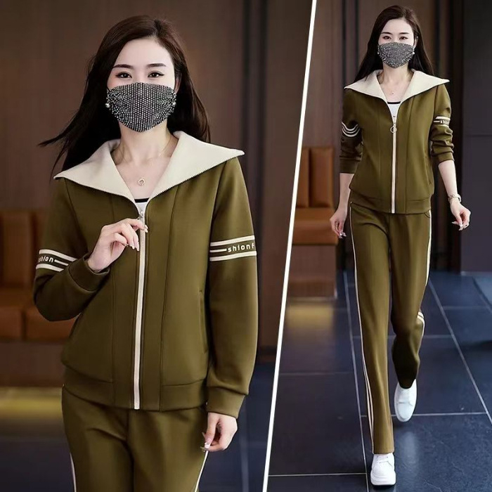 Ženski dvodjelni sportski set – jesen/zima 2024, Chenille tkanina sa Spandexom <30%, rever u korejskom stilu, casualna elegancija