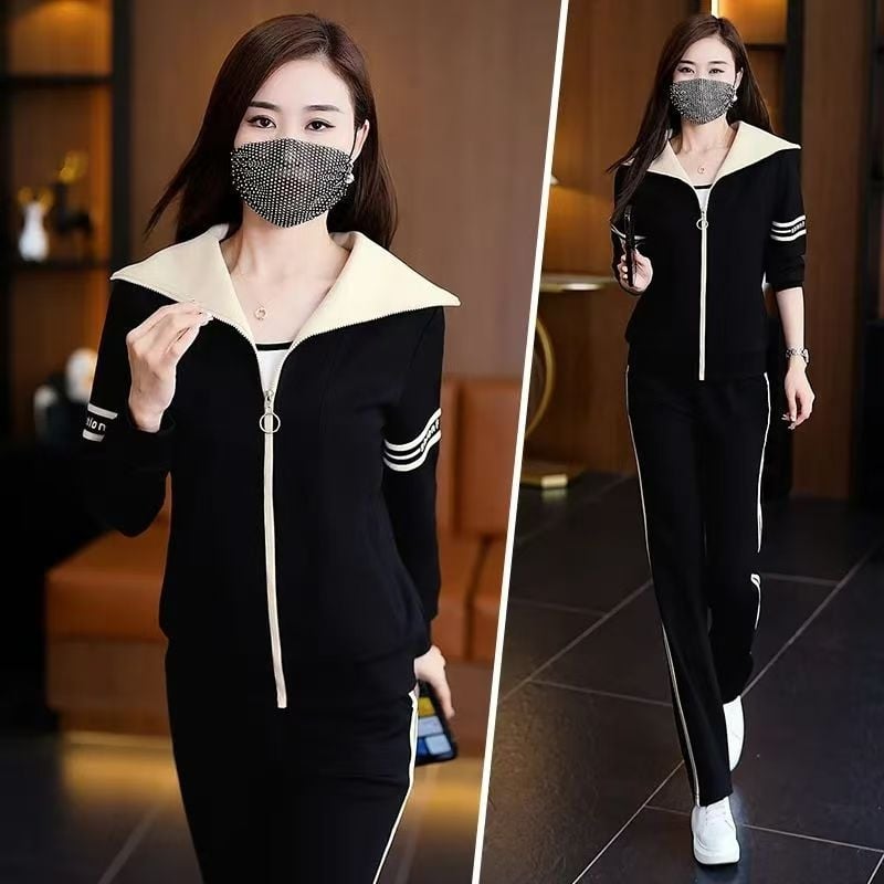 Ženski dvodjelni sportski set – jesen/zima 2024, Chenille tkanina sa Spandexom <30%, rever u korejskom stilu, casualna elegancija