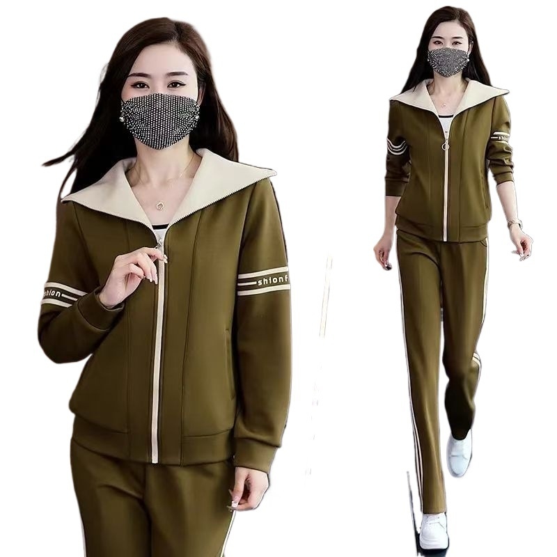 Ženski dvodjelni sportski set – jesen/zima 2024, Chenille tkanina sa Spandexom <30%, rever u korejskom stilu, casualna elegancija
