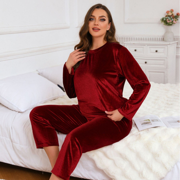 Plus-size pijama set od poliestera, minimalistički i ležerni stil, okrugli vrat, dugi rukavi, hlače, pogodan za jesen i zimu