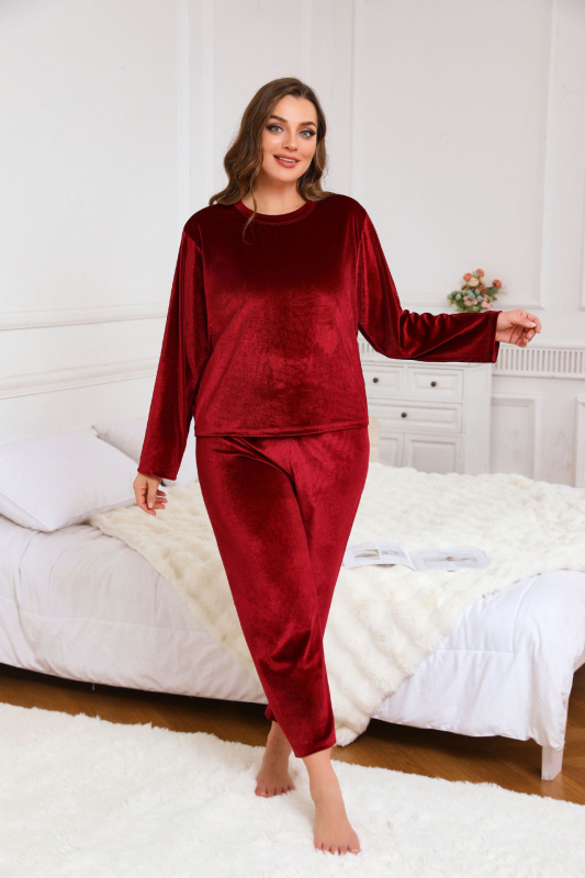 Plus-size pijama set od poliestera, minimalistički i ležerni stil, okrugli vrat, dugi rukavi, hlače, pogodan za jesen i zimu