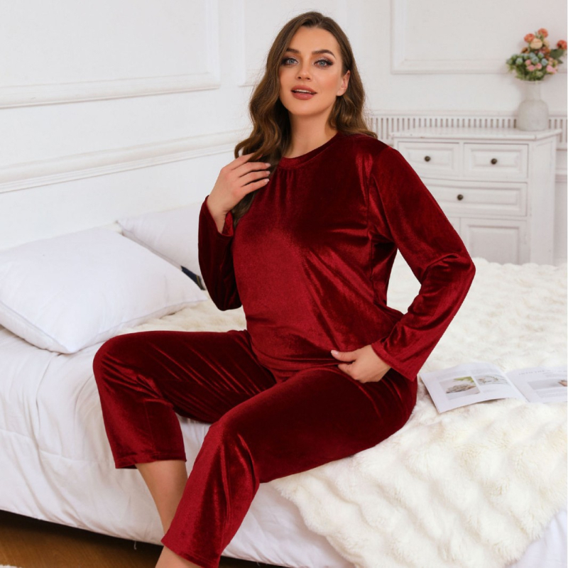 Plus-size pijama set od poliestera, minimalistički i ležerni stil, okrugli vrat, dugi rukavi, hlače, pogodan za jesen i zimu