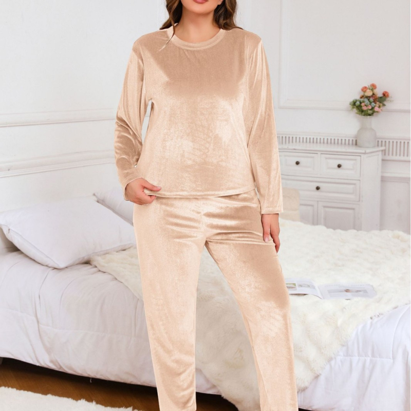 Plus-size pijama set od poliestera, minimalistički i ležerni stil, okrugli vrat, dugi rukavi, hlače, pogodan za jesen i zimu