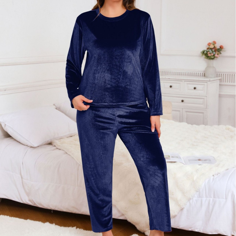 Plus-size pijama set od poliestera, minimalistički i ležerni stil, okrugli vrat, dugi rukavi, hlače, pogodan za jesen i zimu