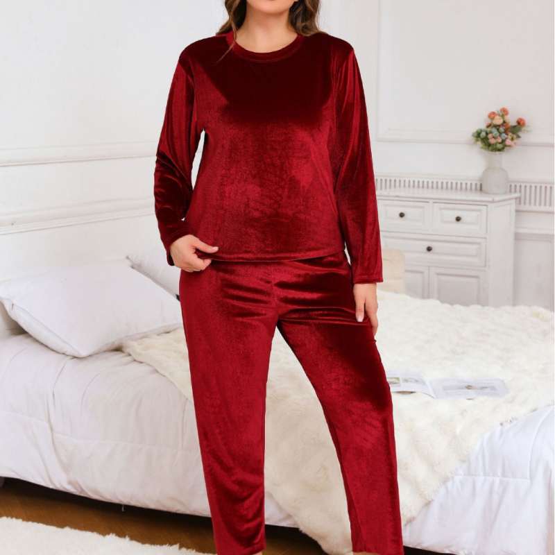 Plus-size pijama set od poliestera, minimalistički i ležerni stil, okrugli vrat, dugi rukavi, hlače, pogodan za jesen i zimu