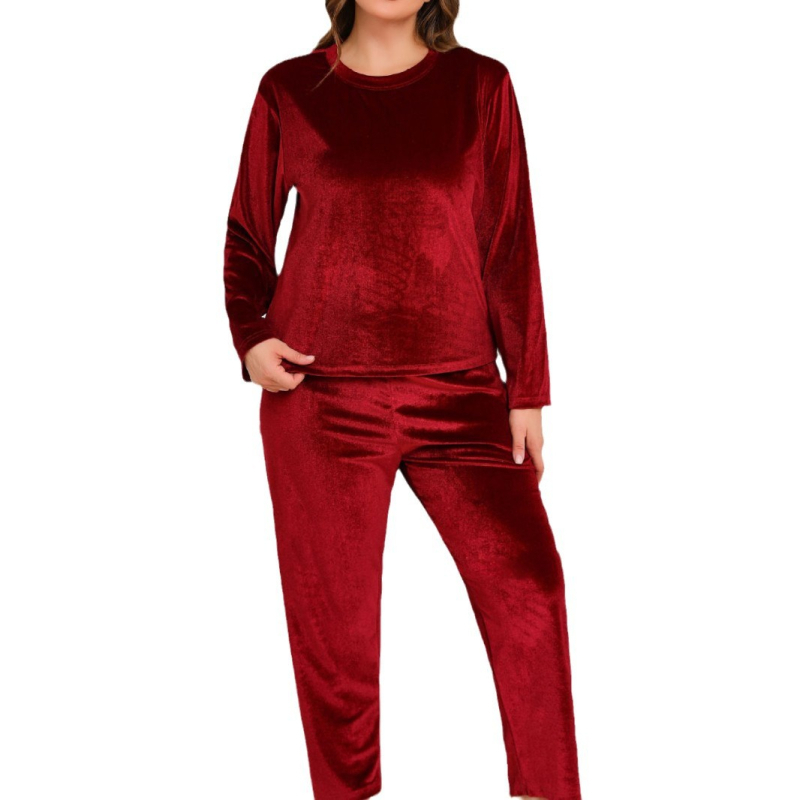 Plus-size pijama set od poliestera, minimalistički i ležerni stil, okrugli vrat, dugi rukavi, hlače, pogodan za jesen i zimu