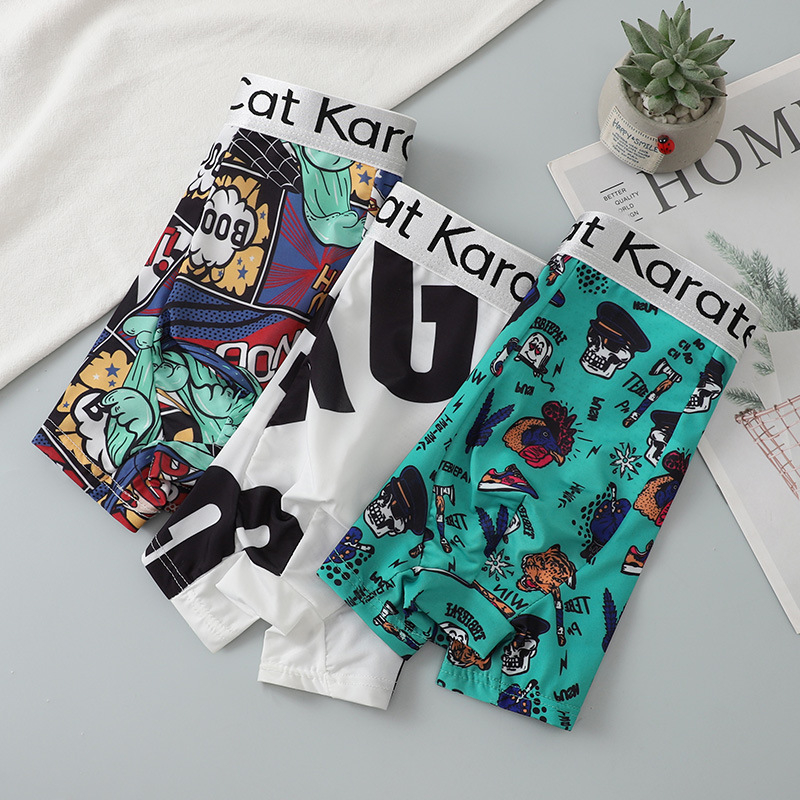 Boxeri pentru bărbați cu imprimeuri Cartoon, Florale, Graffiti și Text, respirabili din poliester, talie joasă, țesătură tricotată, suport OEM