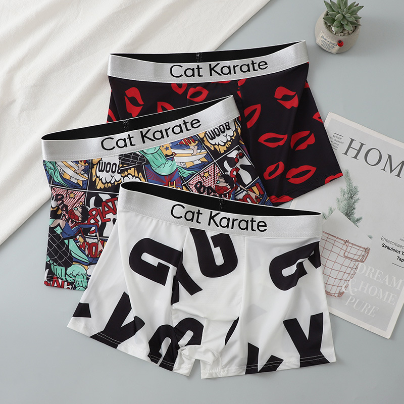 Boxeri pentru bărbați cu imprimeuri Cartoon, Florale, Graffiti și Text, respirabili din poliester, talie joasă, țesătură tricotată, suport OEM