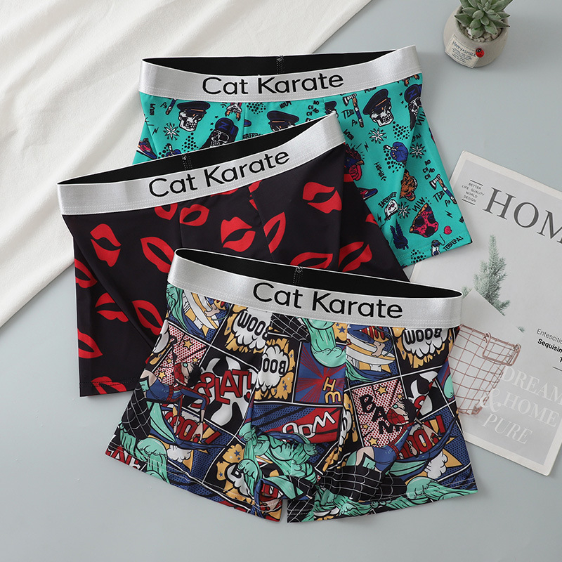 Boxeri pentru bărbați cu imprimeuri Cartoon, Florale, Graffiti și Text, respirabili din poliester, talie joasă, țesătură tricotată, suport OEM