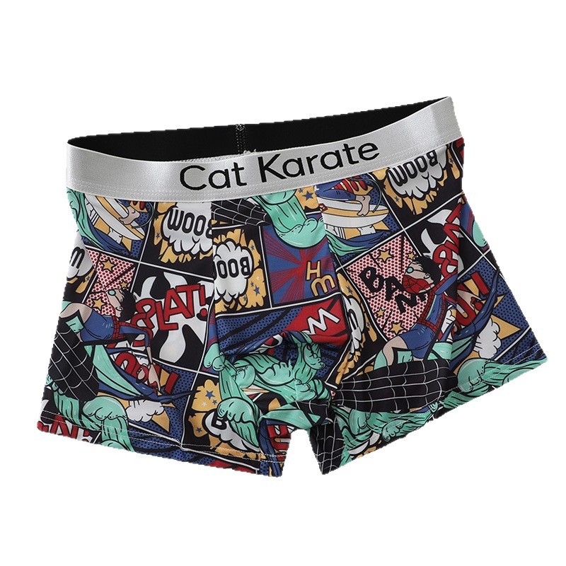 Boxeri pentru bărbați cu imprimeuri Cartoon, Florale, Graffiti și Text, respirabili din poliester, talie joasă, țesătură tricotată, suport OEM
