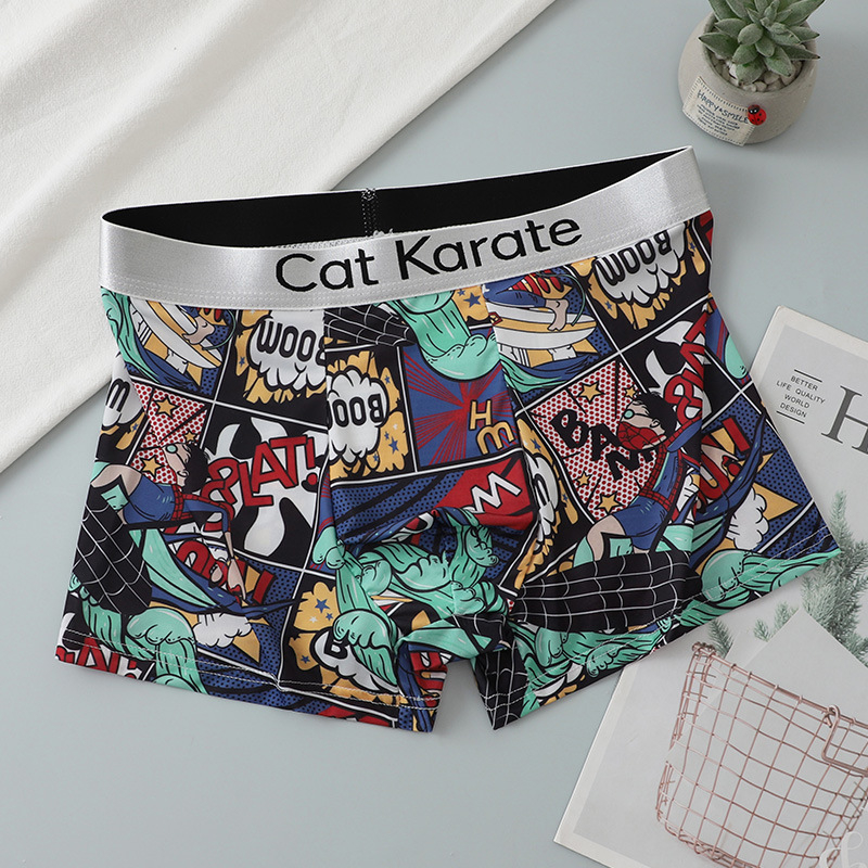 Boxeri pentru bărbați cu imprimeuri Cartoon, Florale, Graffiti și Text, respirabili din poliester, talie joasă, țesătură tricotată, suport OEM