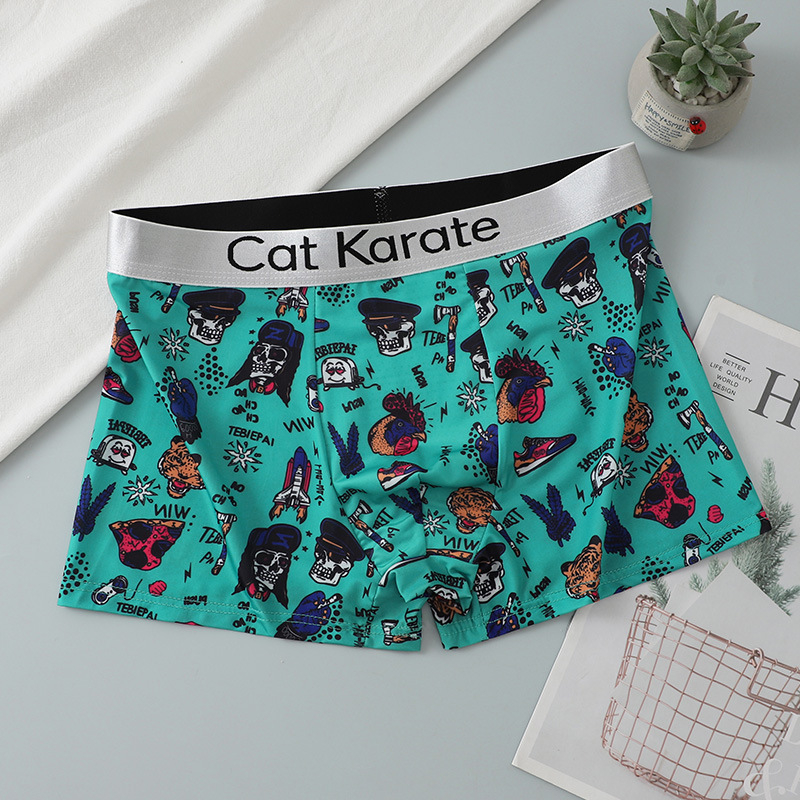 Boxeri pentru bărbați cu imprimeuri Cartoon, Florale, Graffiti și Text, respirabili din poliester, talie joasă, țesătură tricotată, suport OEM