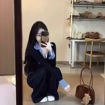 Ženski dvodijelni kostim s ovratnikom, korejski stil, fakultetski stil, uski kroj, za proljeće i jesen