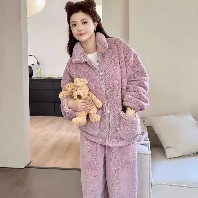 Ženski set pidžama od koralnog baršuna s fleece podstavom, debel i topao, s visokim ovratnikom i zatvaračem, flanelna udobnost za jesen i zimu
