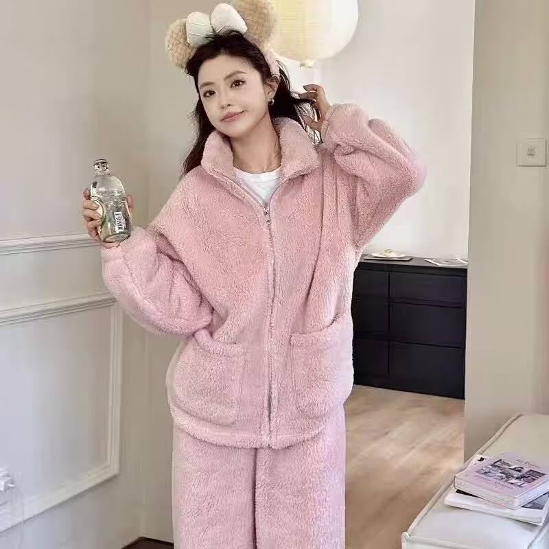 Ženski set pidžama od koralnog baršuna s fleece podstavom, debel i topao, s visokim ovratnikom i zatvaračem, flanelna udobnost za jesen i zimu