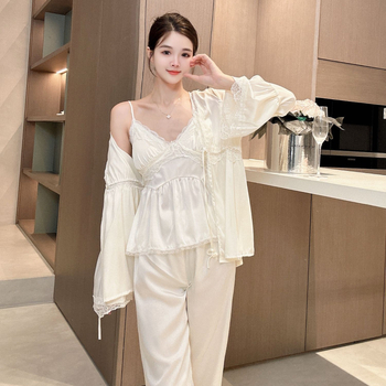 Trodijelni čipkasti pidžama set za žene s jastučićima za dojke, ice silk, Fairy stil, V-izrez, 3/4 rukavi, hlače
