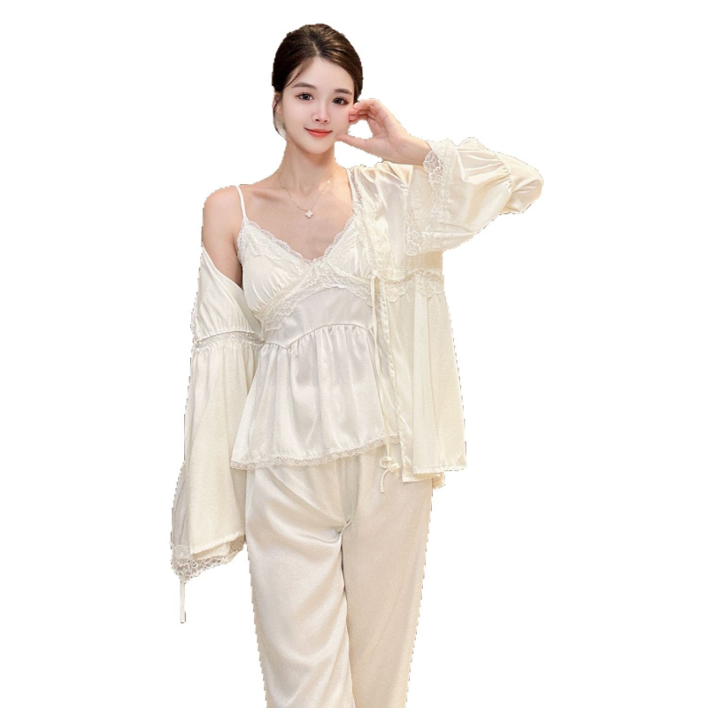 Trodijelni čipkasti pidžama set za žene s jastučićima za dojke, ice silk, Fairy stil, V-izrez, 3/4 rukavi, hlače