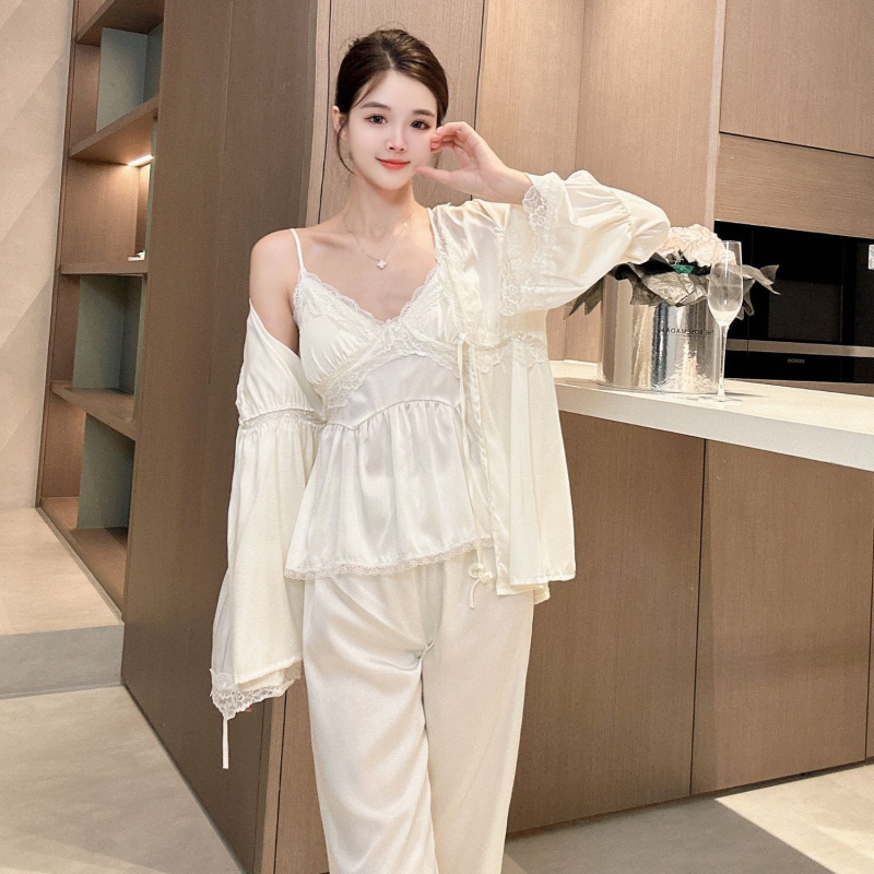 Trodijelni čipkasti pidžama set za žene s jastučićima za dojke, ice silk, Fairy stil, V-izrez, 3/4 rukavi, hlače