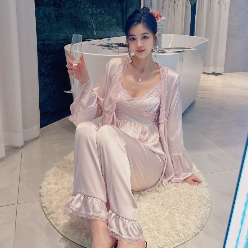 Trodijelni čipkasti pidžama set za žene s jastučićima za dojke, ice silk, Fairy stil, V-izrez, 3/4 rukavi, hlače