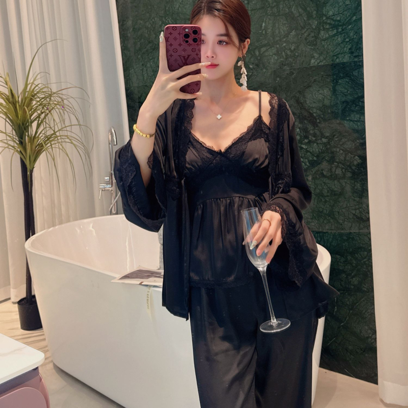 Trodijelni čipkasti pidžama set za žene s jastučićima za dojke, ice silk, Fairy stil, V-izrez, 3/4 rukavi, hlače